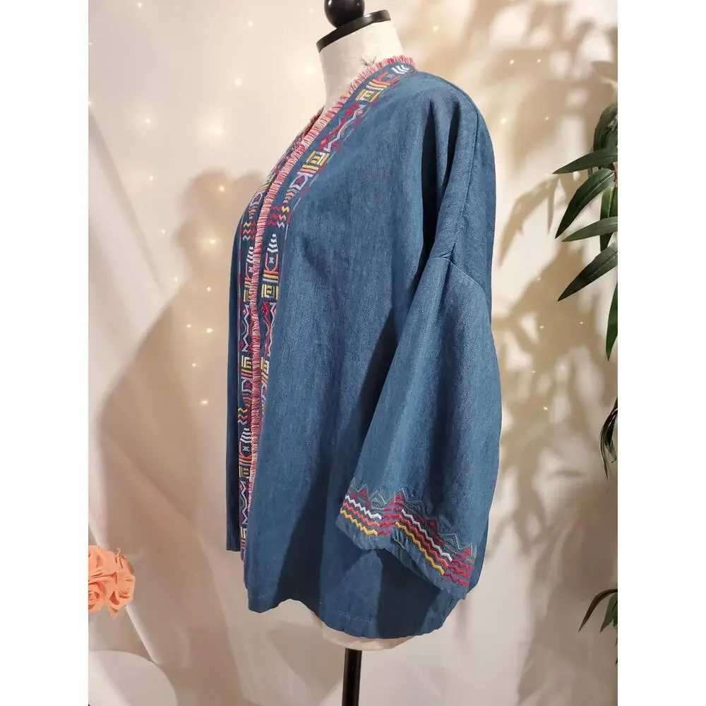 Falls Creek Chambray Denim Embroidered Southwestern Open Cardigan Size 1X Boho